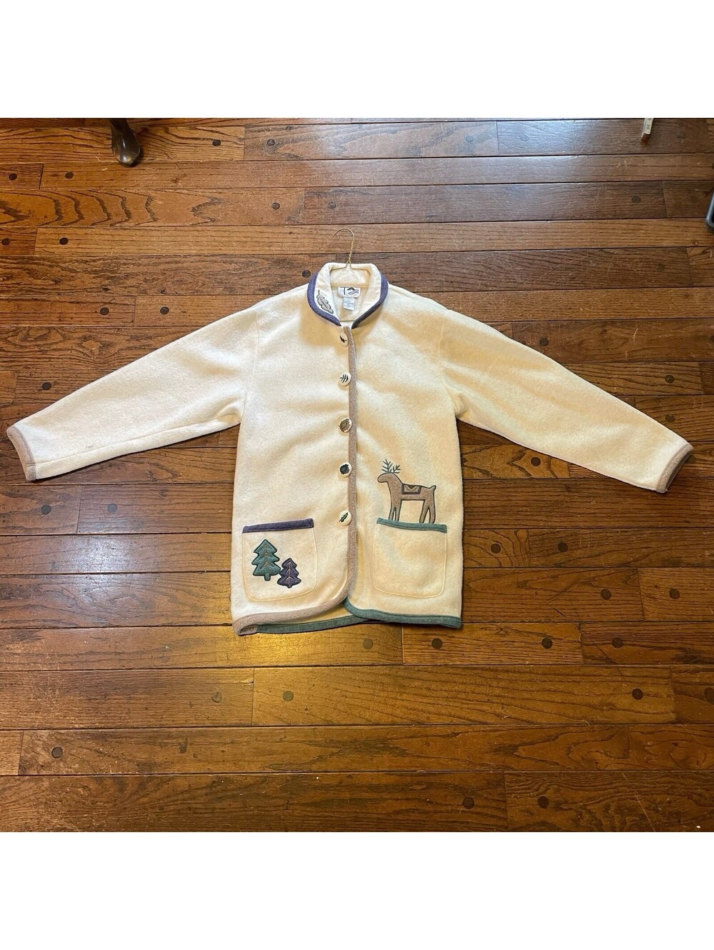 Vintage Trees Deer Button  Up Fleece Jacket  Teddi Soft Embroidered Buttons